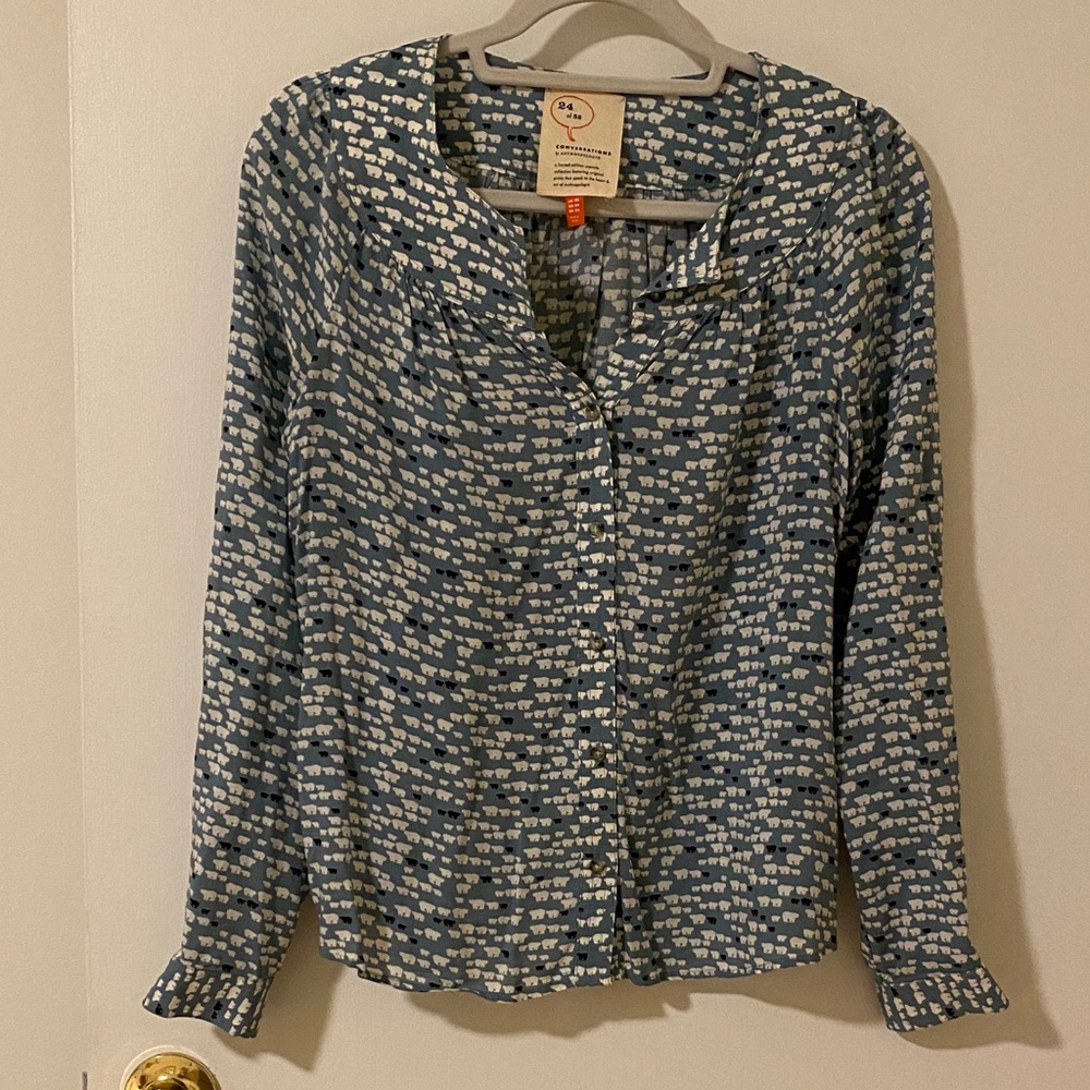 Anthropologie Blue Bear Patterned Top